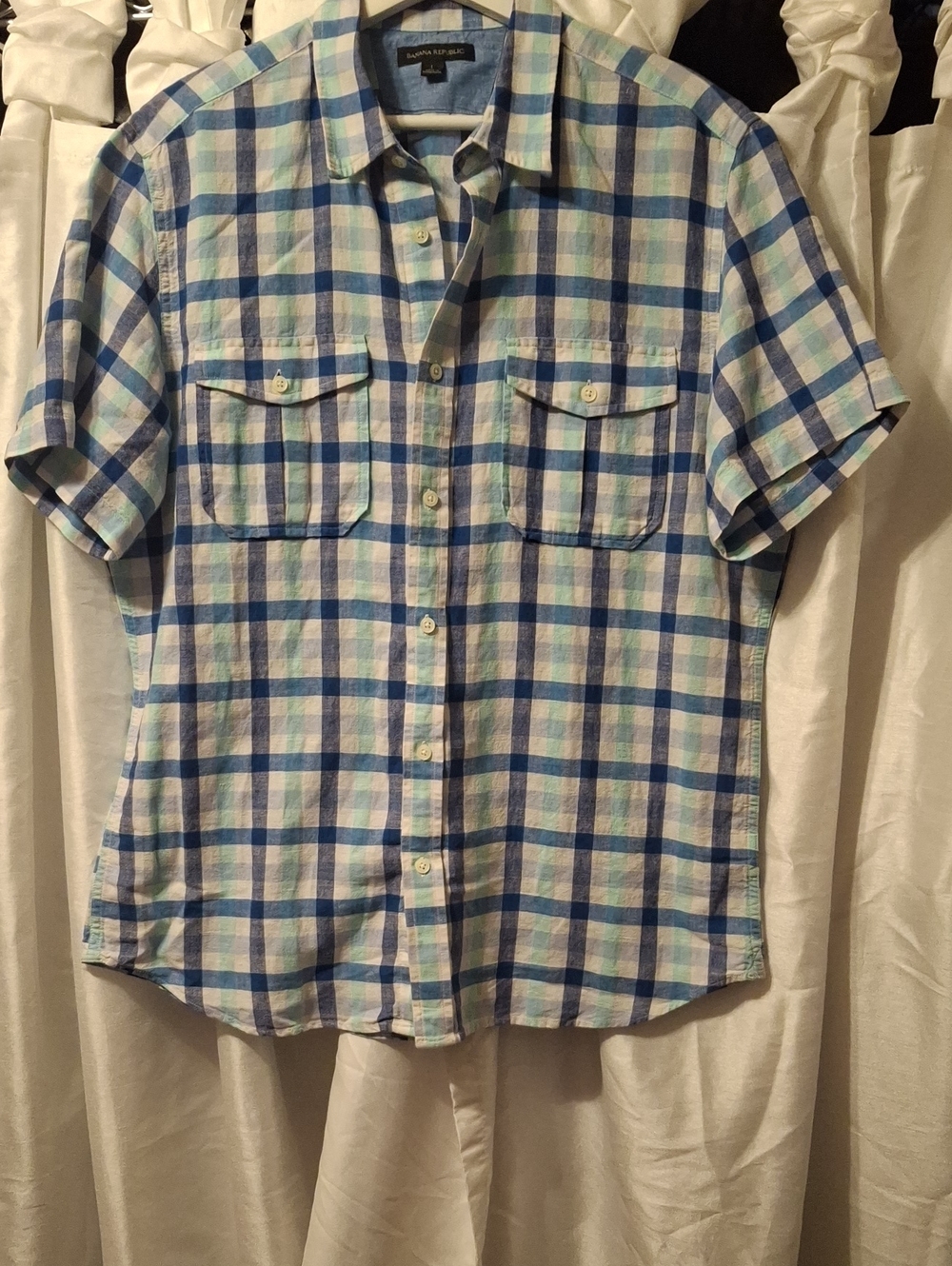 Banana Republic Men’s Light Blue and Navy Plaid Short Sleeve Button-Down Shirt